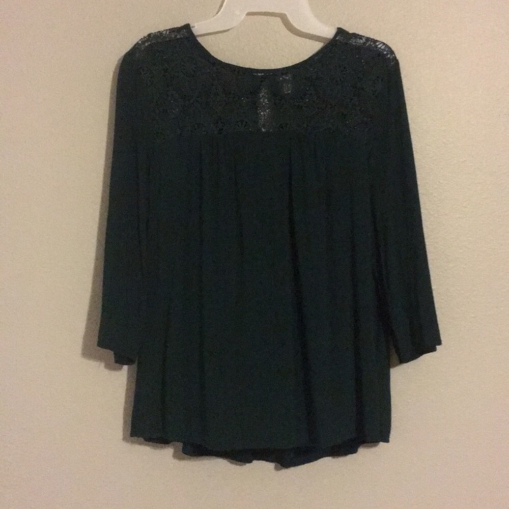 Dark Green Long Sleeve With Lace Top Blouse - Picture 1 of 4